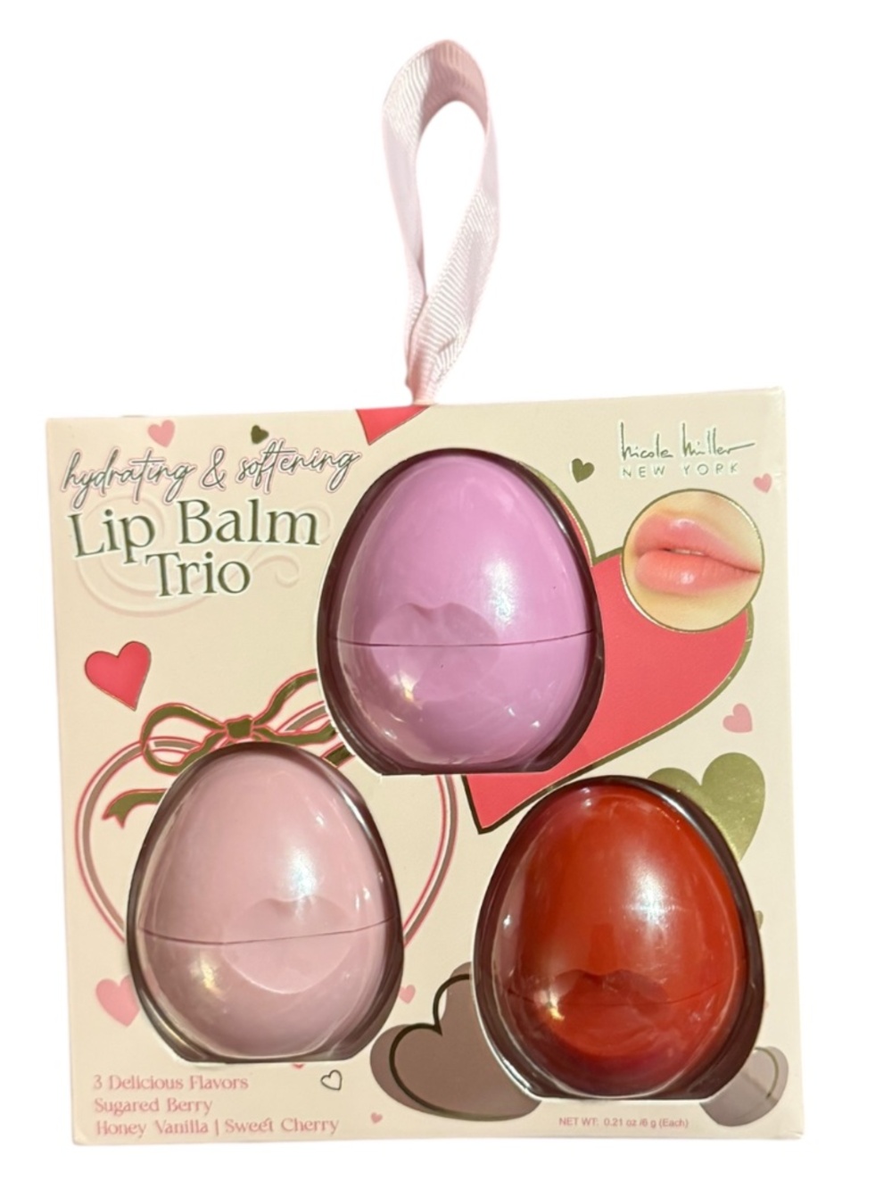 Nicole Miller Hydrating Lip Balm Trio - Pink, Light Pink, Red